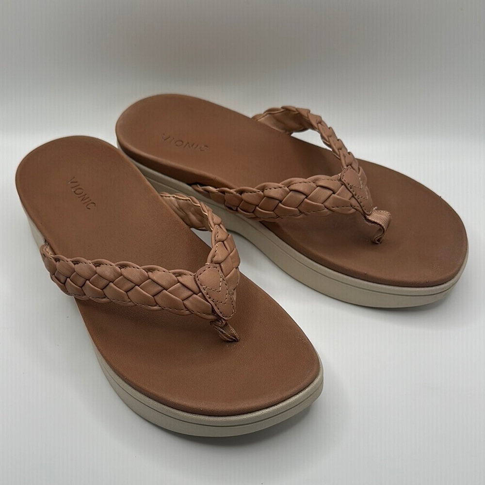 Vionic Sz 8 1/2  Kenji Tan Braided Platfirm Sandals Comfort Style - Picture 2 of 9